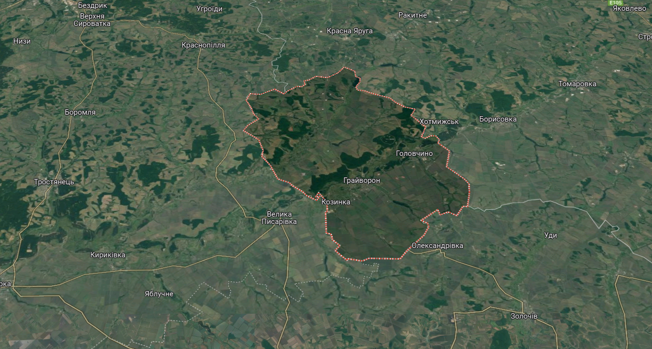 Грайворонський район росії межує з Сумщиною та Харківщиною. Google Maps