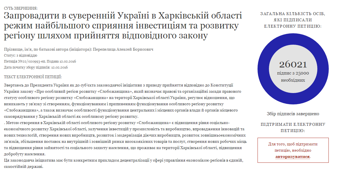 Текст петиции на сайте Президента Украины