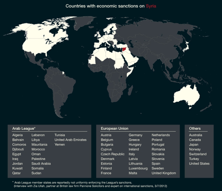 Страны, объявившие санкции для Сирии. Инфографика Al Jazeera