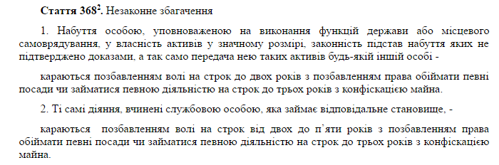 Выдержка из ст. 368-2 Уголовного кодекса Украины. Скриншот zakon.rada.gov.ua