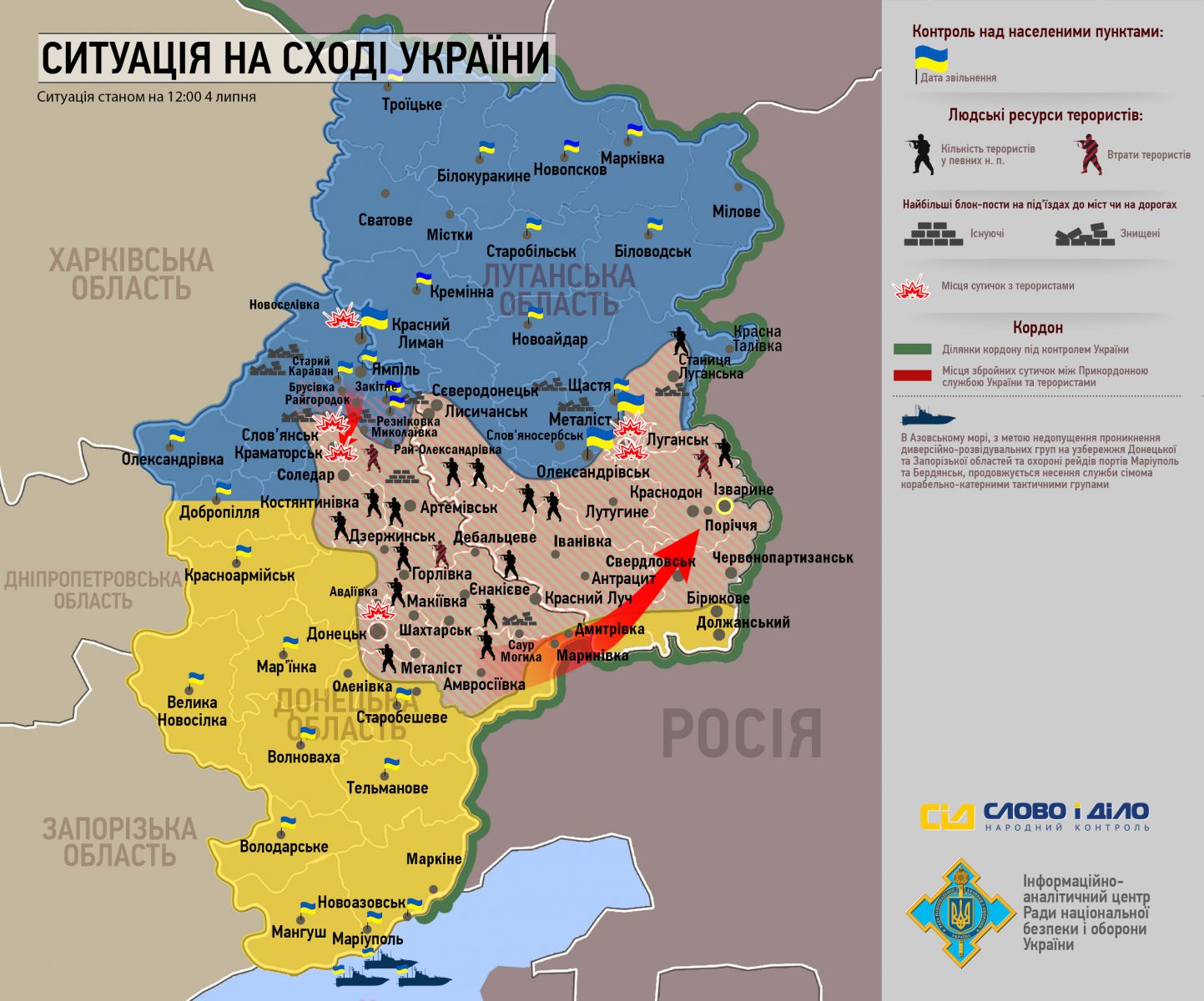 Ситуация на Донбассе по состоянию на 12.00 4 июля. Графика СНБО