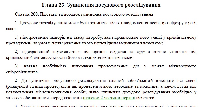 Выдержка из статьи 280 Уголовного процессуального кодекса Украины. Источник: zakon2.rada.gov.ua