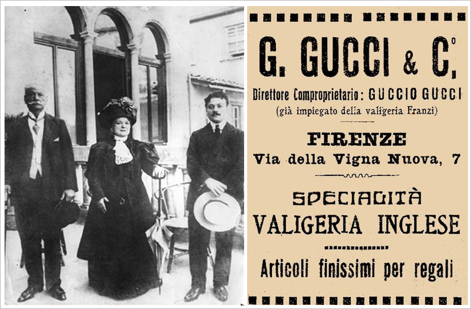 Слева: Гуччио Гуччи со своими родителями. Справа: Первая реклама его магазина по улице Via Della Vigna Nuova, 7. 1921 год