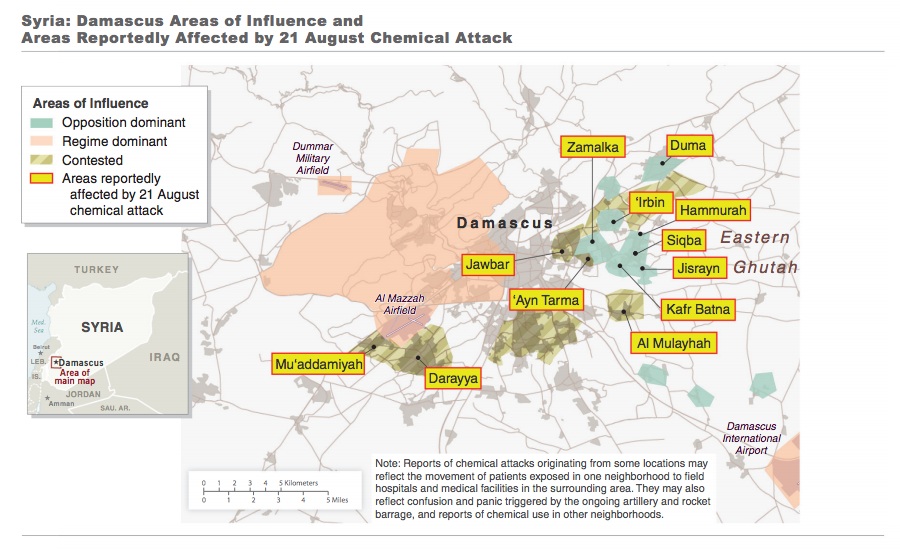 Районы Дамаска, подвергшиеся предполагаемой химической атаке, и районы, удерживаемые повстанцами 