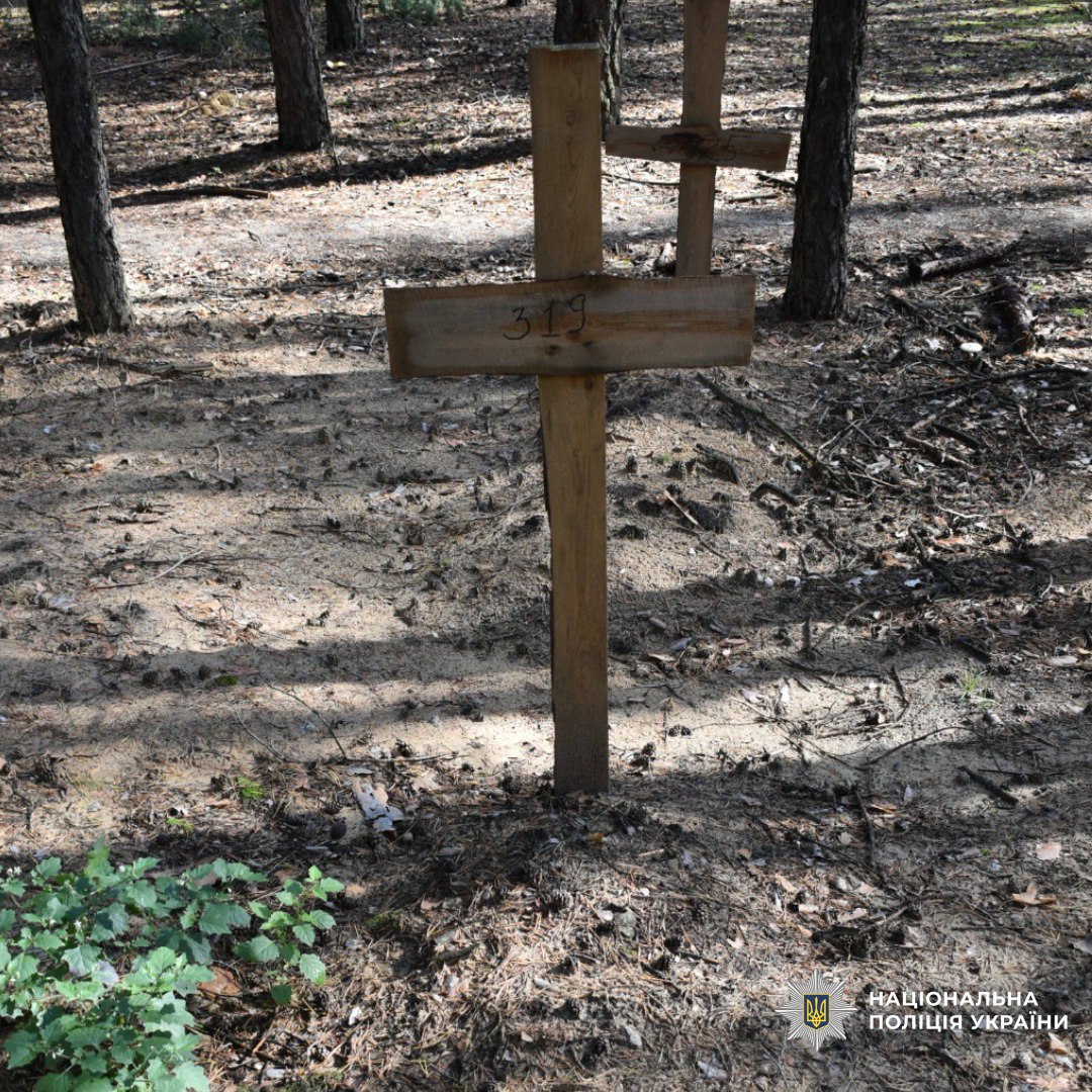 Хрест на могилі Володимира Вакуленка на місці масового захоронення в Ізюмському районі