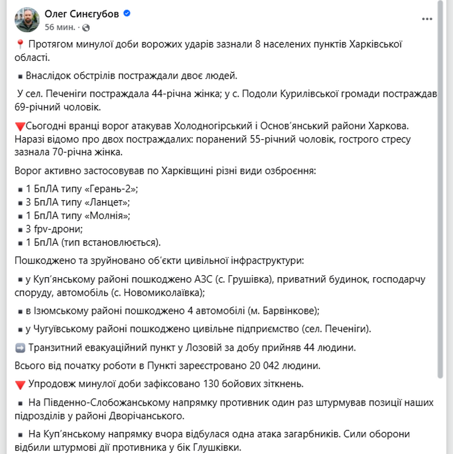 Скриншот допису Олега Синєгубова