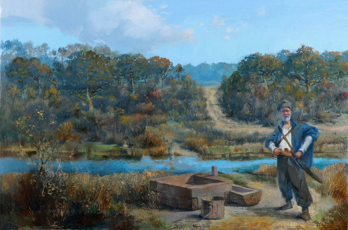 Картина Артема Погрібного «Іван Кривошлик біля криниці на лівому березі Лопані, 1653 рік»